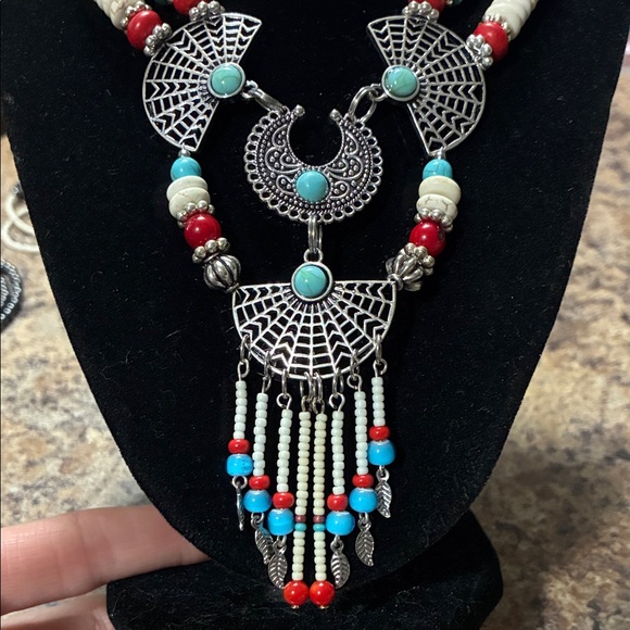Bohemian Turquoise and Red Beaded Necklace - Picture 2 of 4